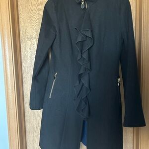 Tahari Black Ruffle Front Coat